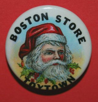 Vintage Pinback Pin - Santa Claus - Merry Christmas - Boston Store Toytown -