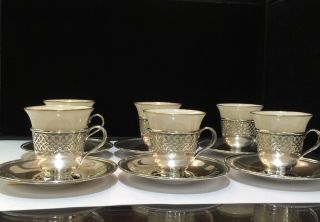 Antique 1913 Six Tiffany & Co.  Sterling Silver Belleek Demitasse Cups And Saucers