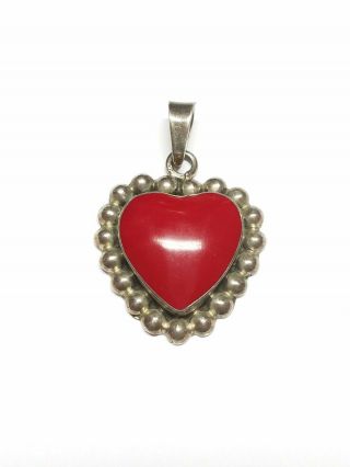 Vintage Mexico 925 Sterling Silver Red Coral Beaded Edge Heart Pendant