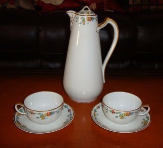 Antique Haviland Limoges Chocolate Coffee Tea Pot & 2 Cups Set,  Nasturtium