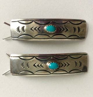 Vintage Sterling Silver Turquoise Hair Barrettes / Clips,  Signed Fb,  Set Of 2