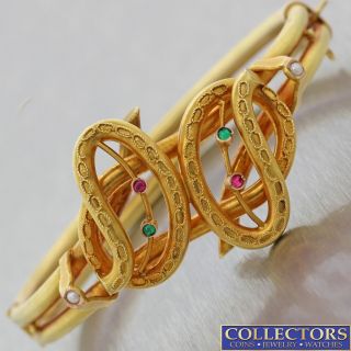 1880s Antique Victorian 14k Yellow Gold Etruscan Ruby Emerald Bangle Bracelet C8