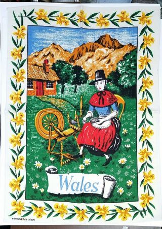 Vintage Pure Irish Linen Kitchen Tea Towel Wales Welsh Woman Scenic Country