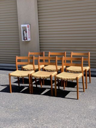 Set Of 6 J.  L.  Møller 84 Dining Chairs Teak Danish Cord Mid Century Modern