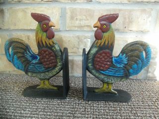 Vintage Cast Iron Hand - Painted Rooster Bookends Or Doorstops