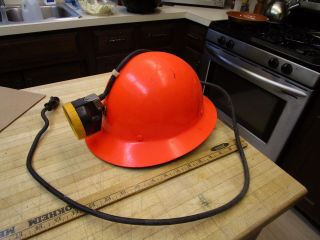 Vintage Msa Skullgard Full Brim Hard Hat Orange Miner,  Electric Head Lamp