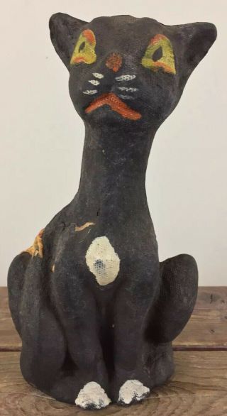 Antique 1940’s German Halloween Black Cat Paper Mache Candy Container 7” Tall