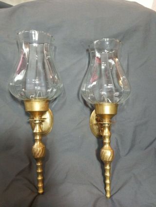 2 Vintage Brass & Glass Wall Sconce Candle Stick Holders Total Height 14 "