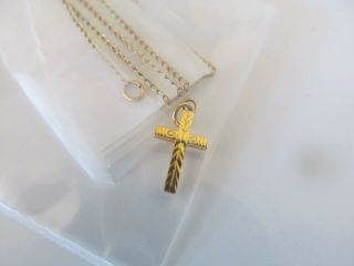 Vintage H.  F.  B.  10k Tiny Yellow Gold Cross Pendant W/15 " Fine 14k Chain Necklace