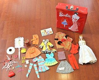 Vintage 1962 Midge Barbie Doll Mattel W/ Clothes Accessories & Red Ponytail Case