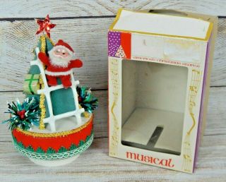 Vintage Kitsch Music Box Flocked Santa On Ladder Christmas Tree Rotating Musical