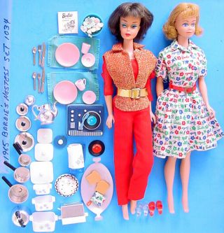 1965 Brunette American Girl Barbie,  Blonde Midge W Rare 1034 Hostess Set