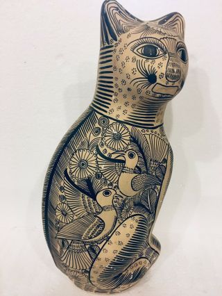 Stunning Vtg 15 " Mexico Pottery Folk Art Cat Hand Painted Acapulco Tribal Birds