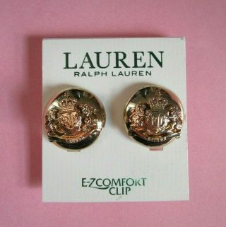 Vintage Ralph Lauren Gold Tone Crest Coat Of Arms Rli Button Clip On Earrings