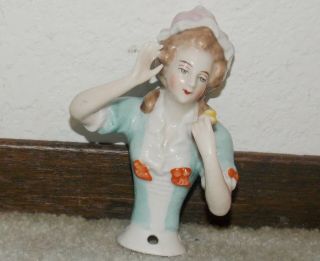 Antique Vintage Porcelain Sewing Pin Cushion Half Doll - Arm Away - Germany 3 3/4 "