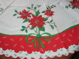 Vtg.  Christmas Table Cloth Round Poinsettias & Holly 64 " X 66 " Guc