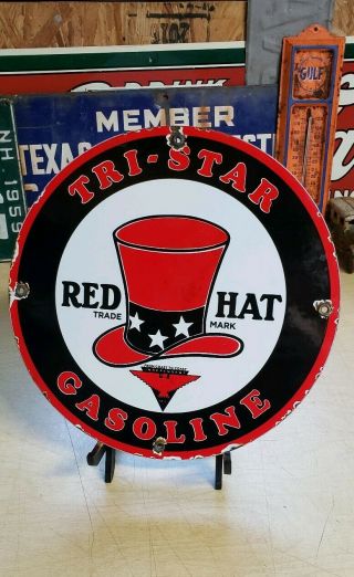 Red Hat Gasoline Porcelain Sign High Octane Vintage Brand Gas Pump Plate