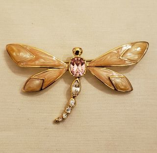 Signed Kjl For Avon Vintage Butterfly Brooch Enamel Pink Topaz Rhinestones