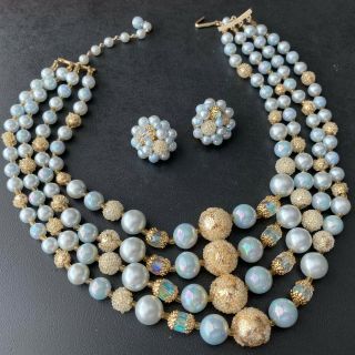 Signed Japan Vintage Multi Strand Necklace & Cluster Sugar Bead Earrings Set 7