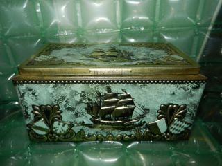 Bering Galleons ? Empty Tin Box Green Metal Nautical Sailing Ship Theme