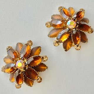 Signed Judy Lee Vintage Amber Frosted Glass Flower Rhinestone Clip Earrings 829