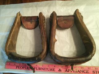 Vtg Stirrups Wood And Leather Laced Wrapped Equestrian Horse Back Western Decor