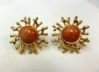 Vintage Ben - Amun Orange Stone Gold Tone Large Flower Sun Clip Earrings
