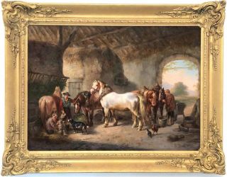 Horses In A Barn Antique Oil Painting By Anthony De Bree (dutch,  1856 - 1921)