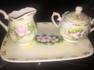 Vtg Handpainted French Limoges Creamer & Sugar Set W/ Lid And Tray Roses Signed