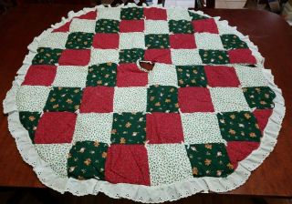 Vintage Hand Made Quilted Eyelet Lace Christmas Tree Skirt Holly Angels Bears