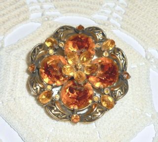 Vintage Hollycraft 1952 Amber & Yellow Glass Rhinestone Flower Brooch Pin