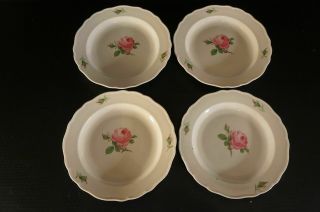 Set Of 4 Antique Meissen German Porcelain Lunch Plates Pink Rose.