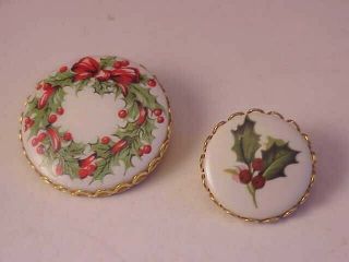 Vintage Hand Painted Porcelain Christmas Holly Berry Brooches Pins Set Of 2