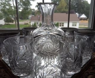 Antique Abp American Brilliant Cut Glass Carafe Water/wine Decanter W/6 Tumblers