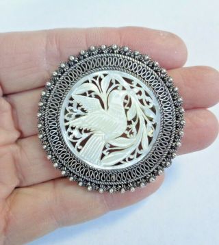 Antique Jerusalem Carved Mother Of Pearl Dove Pendant Silver Filigree Pin
