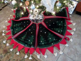 Vintage 60 " Christmas Skirt Applique Felt Tree Gingham Red Dark Greens Ball Trim