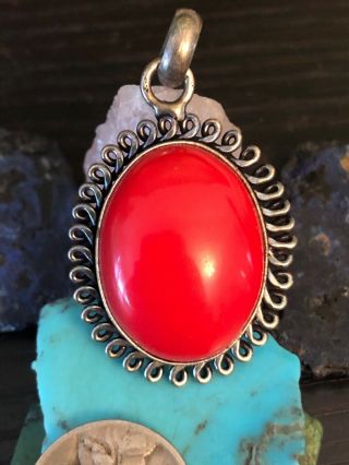 Vintage Native American Red Coral Sterling Silver Sun Pendant 12g