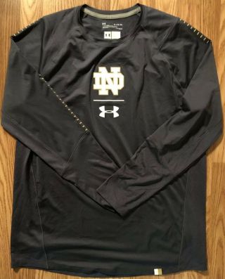 Notre Dame Football Team Issued Under Armour Long Sleeve Shirt Blue Medium