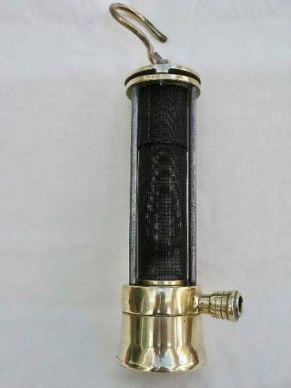 Antique Brass & Steel Miners Lamp With Interesting Engraved Pictorial Bottom.