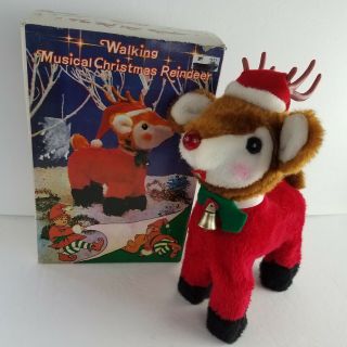 Vintage Walking Musical Christmas Reindeer Rudolph Holiday W/ Light Up Nose 1970