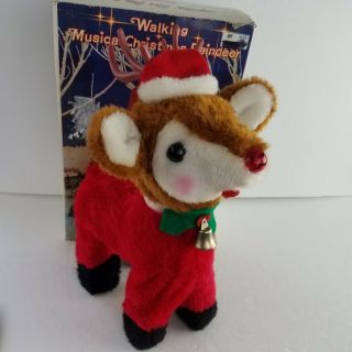VINTAGE Walking Musical Christmas Reindeer Rudolph Holiday w/ Light Up Nose 1970 2