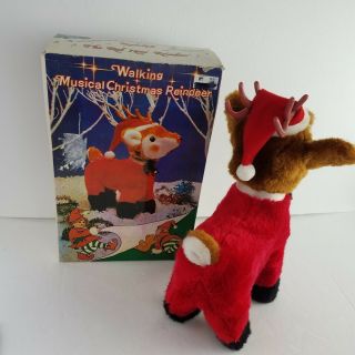VINTAGE Walking Musical Christmas Reindeer Rudolph Holiday w/ Light Up Nose 1970 3