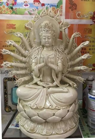 19 " Dehua Porcelain Seat 18 Arms Kwan - Yin Guanyin Quan Yin Goddess Lotus Statue