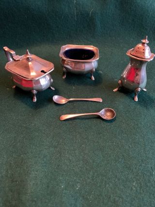 Vintage Solid Silver Cruet Set Salt Mustard Pepper Miniature Spoons Hallmarked