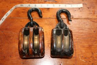 Vintage 2 Wooden Maritime Double Pulleys Brass And Wood