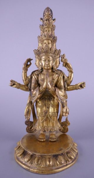Fine Old Chinese Tibetan 18th/19th Tibetan 11 Headed Avalokiteshvara Gilt Bronze
