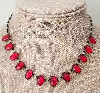 Vtg Art Deco Signed Czech Ruby Red Vauxhal Glass Mirror Back Bead Necklace