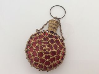 Antique French Ruby Red Brass Overlay Scent/perfume Bottle Chatelaine.
