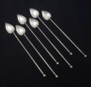 Vintage Set 6 1950s/60s Sterling Silver Figural Leaf Julep Spoons Straws