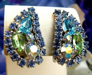 Weiss Vintage Designer Signed Pastel Blue Green Glass Ab Rhinestone Earrings